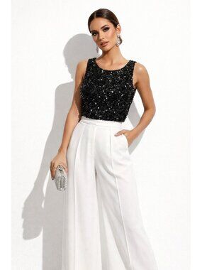 VTG Le Lis Blanc Black Sequin Sleeveless Tank Womens L Party Formal Evening Wear